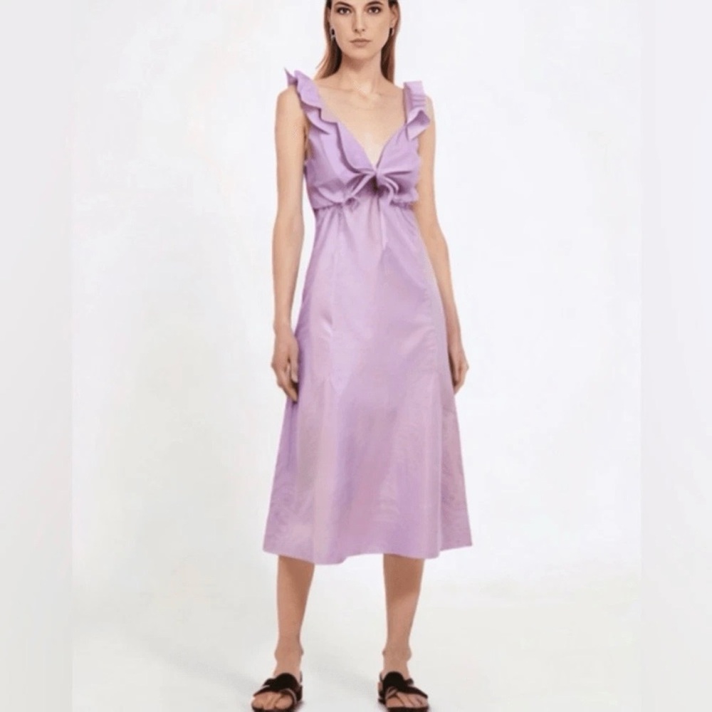 Drew Anthropologie Lilac V~Neck Tie Sleeveless Ruffle Cotton Poplin Midi Dress M